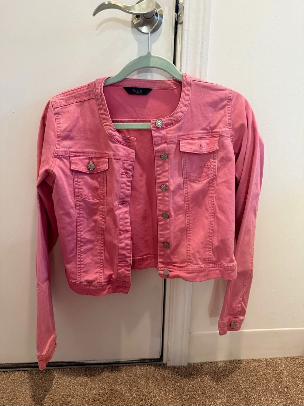 Girls Pink Collarless Denim Jacket
